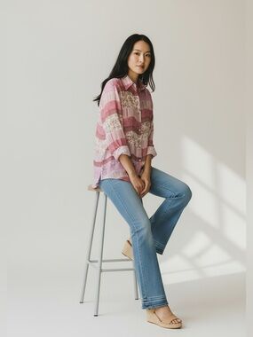 Impressions Pink Sheer Patchwork-Style Button Down Shirt